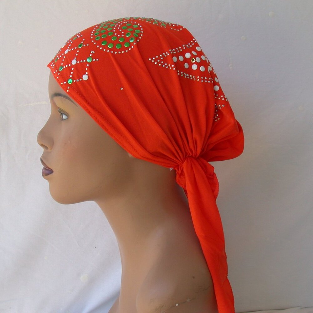 Orange Pre-Tied Stud Chemo Cap Slip On Bonnet Hijab Undercap #4
